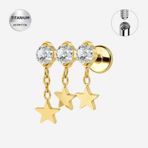 Piercing Jewellery: Titanium Gold Triple Round CZ Jewelled Internally Threaded Labret with Star Dangles - TI-347A