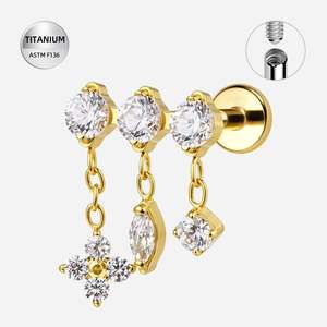 Gold Pvd: Titanium Gold Triple Round CZ Jewelled Internally Threaded Labret with Triple CZ Dangles - TI-349A