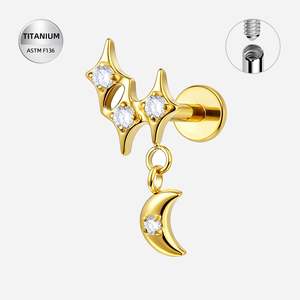 Titanium Gold Jewelled Internally Threaded Labret with CZ Crescent Moon Dangle - TI-350A