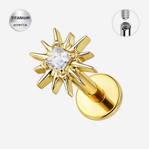 Gold Pvd: Titanium Gold Square CZ Jewelled Starburst Internally Threaded Labret - TI-352A
