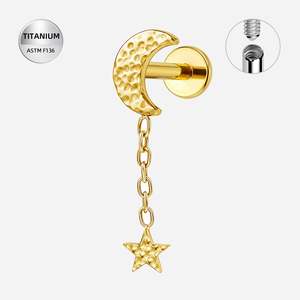 Titanium Gold Crescent Moon Internally Threaded Labret with Star Chain Dangle - TI-353A