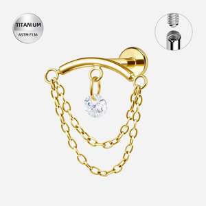 Titanium Gold Jewelled Internally Threaded Labret with Chain Dangles - TI-354A