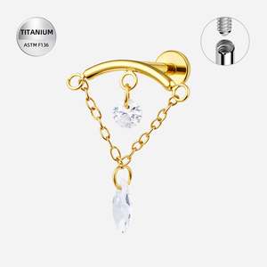 Titanium Gold Jewelled Internally Threaded Labret with CZ Marquise Chain Dangle - TI-355A