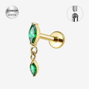 Titanium Gold Emerald Marquise Jewelled Internally Threaded Labret with Marquise&hellip;