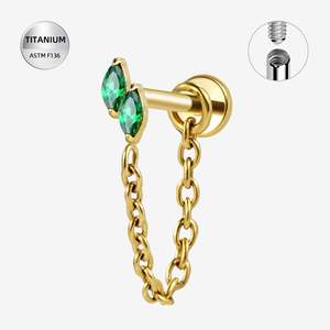 Gold Pvd: Titanium Gold Emerald Jewelled Internally Threaded Labret with Chain Dangle - TI-324A