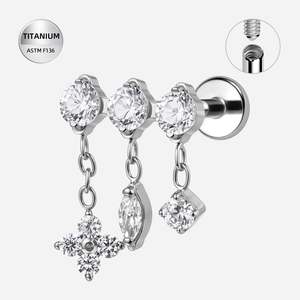 Lobe: Titanium High Polish Triple Round CZ Jewelled Internally Threaded Labret with Triple CZ Dangles - TI-349