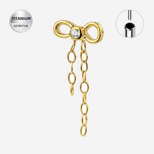Threadless: Titanium Gold Jewelled Bow Threadless Push In Top with Chain Dangles (Base Sold Separately) - TT413A