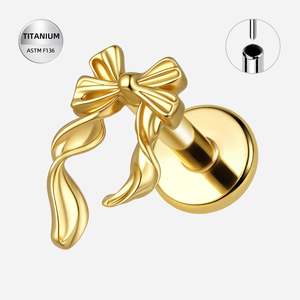 Titanium Gold Bow & Ribbon Threadless Push In Labret - TT401A