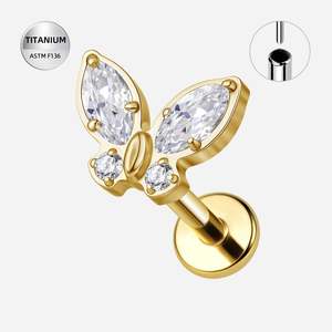Titanium Gold Jewelled Butterfly Threadless Push In Labret - TT402A