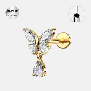 Titanium Gold Jewelled Butterfly Threadless Push In Labret with CZ Tear Drop Dangle - TT403A