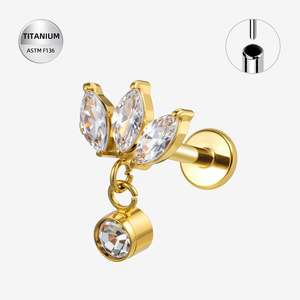 Titanium Gold Triple Marquise Jewelled Threadless Push In Labret with CZ Dangle - TT406A