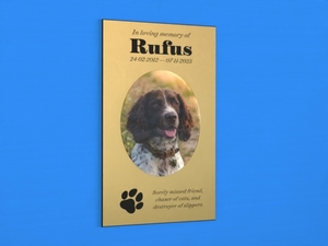 Products: Two-Ply Acrylic Pet Memorial Plaque with Resin Coated Photo