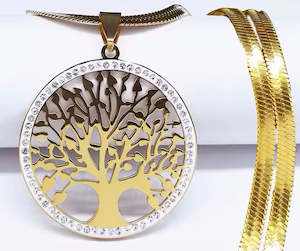Products: Stainless Steel Tree Of Life 'Pendant With Crystal Surround And Herringbone Chain Silver