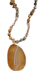 Natural Stone And Crystal Beaded Necklace With Stone Pendant Yellow