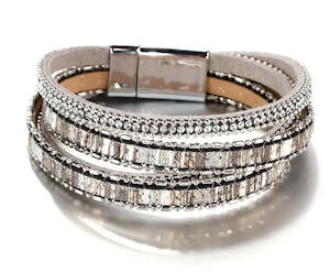 Clasps: Crystal Grey and Black Tones Leather Wrap With Magnet Clasp