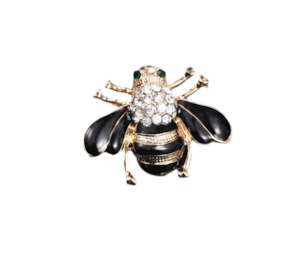 New Arrivals 1: Black And Gold Buzzy Bee Pin Brooch With Clear Rhinestones
