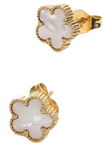 New Arrivals 1: Stainless Steel Gold Plated Stud Earring With Natural Stone Flower White
