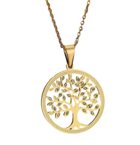 Tree Of Life Stainless Steel Necklace Pendant With Crystals Gold