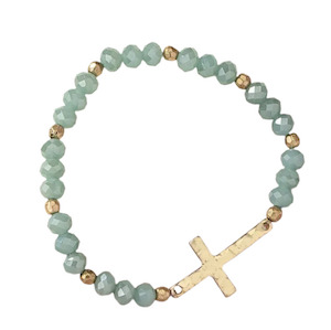 Bead: Glass Bead Bracelet With Gold Cross Mint Blue