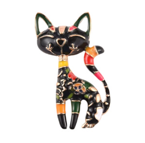 Funky Painted Cat Brooch Black