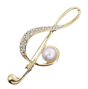 Brooches: Double Clef Brooch With Crystals And Pearl Gold