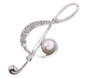 Double Clef Brooch With Crystals And Pearl Silver