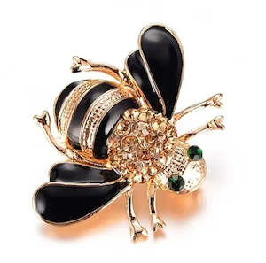 Black And Gold Buzzy Bee Pin Brooch With Champagne Rhinestones
