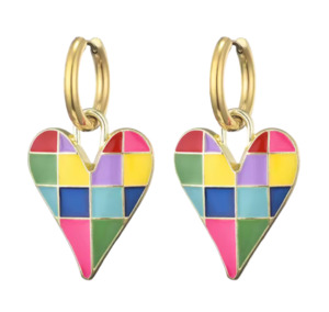 Earrings: Colourful Love Heart Enamel Pendant Stainless Steel Hoop Earrings Multi Colour