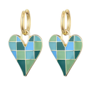 Colourful Love Heart Enamel Pendant Stainless Steel Hoop Earrings Green And Blue