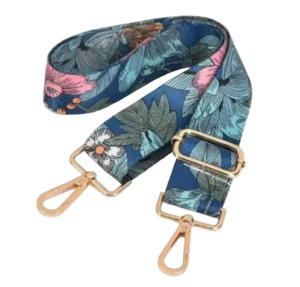 All: Crossbody Shoulder Handbag Wide Strap With Blue And Pink Flowers Gold Buckle
