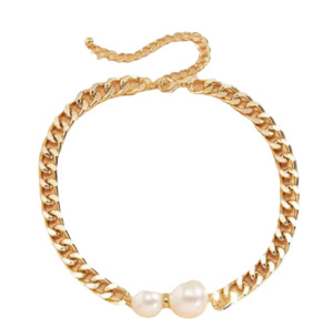 Stainless Steel Chunky Curb Design Choker Chain With Pearl Beads Gold