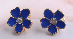 Enamel Flower Clip On Earring Dark Blue