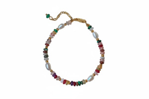 Colourful Natural Stone And Freshwater Pearl Bracelet Gold