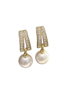 Earrings: Geometric Pearl Crystal Drop Clip On Earrings Gold