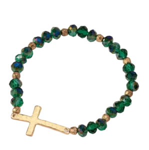 Glass Bead Bracelet With Gold Cross Green