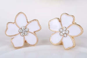 Enamel Flower Clip On Earring White With Crystal Centre