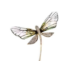 Dainty Dragonfly Brooch With Green Wings And Embellished With Crystals Gold Metal