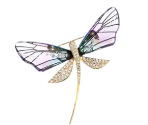 Dainty Dragonfly Brooch With Pink And Blue Wings And Embellished With Crystals Gold Metal