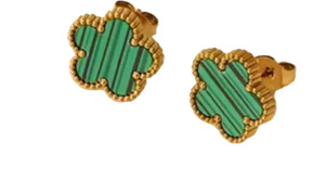 Earrings: Stainless Steel Flower Clover Stud Green Earrings Gold