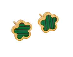 Earrings: Stainless Steel Small Flower Clover Stud Green Earrings Gold