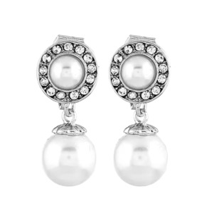 Earrings: Pearl Drop Clip On Earrings With Crystal Surround Silver