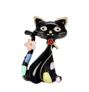 Black Cat Brooch With Pink Flower On Tail