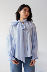 Mahsa: Mahsa Pale Blue Stripe Boheme Cotton Bow Blouse