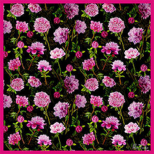 Ilona Tambor: Peonies Art Silk Scarf-Pink/Black