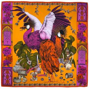 The Grand Treasure of African Crowned Crane Art Silk Scarf-Ochre/Fuchsia