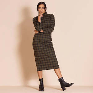 Plaid Pencil Skirt-Olive