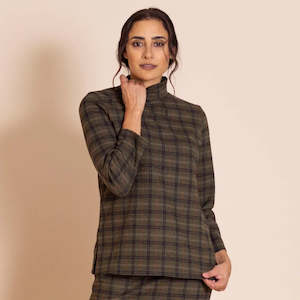 Megan Salmon: Plaid Hi Crew Tee-Olive