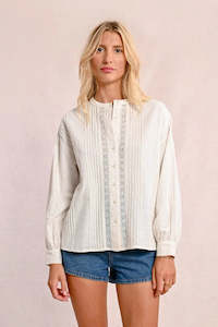 Pleated Blouse with Lace Insert-White