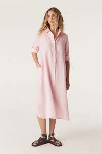 Dresses: Pure Linen Shirt Dress-Pink