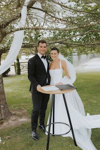 Products: Round Bar Leaner - Black/Bamboo Hire - Wedding Hire + Events Truly Yours